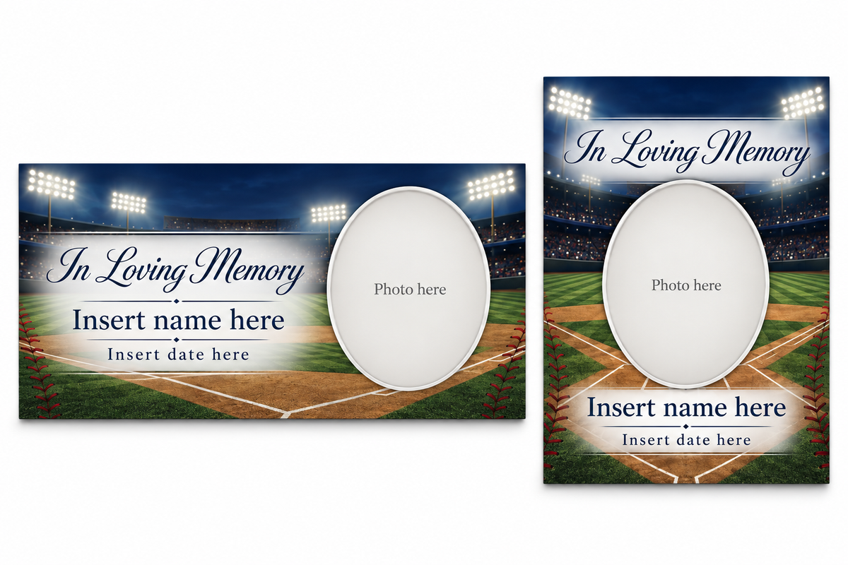 Baseball Stadium matching lid panel and portrait board template previews with placeholder photo, name, and dates.
