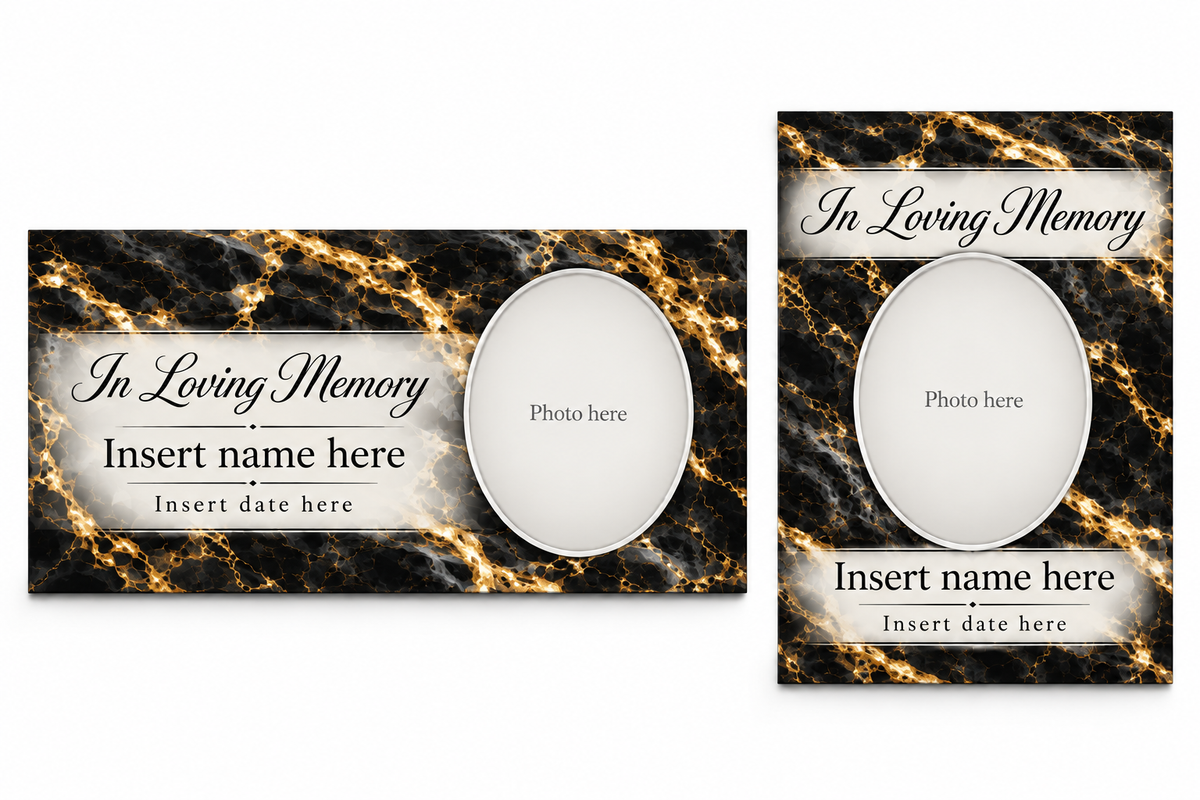 Black Gold Marble matching lid panel and portrait board template previews with placeholder photo, name, and dates.