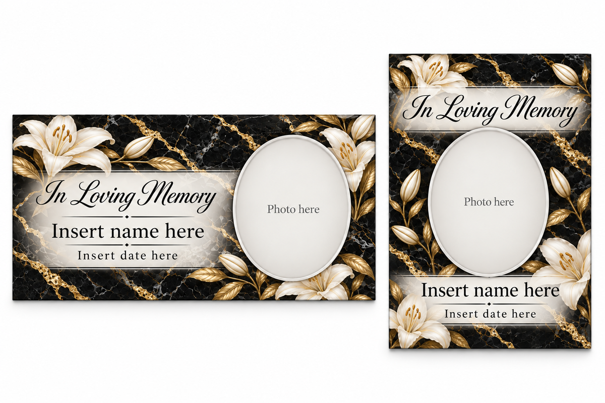Black Marble Lily matching lid panel and portrait board template previews with placeholder photo, name, and dates.