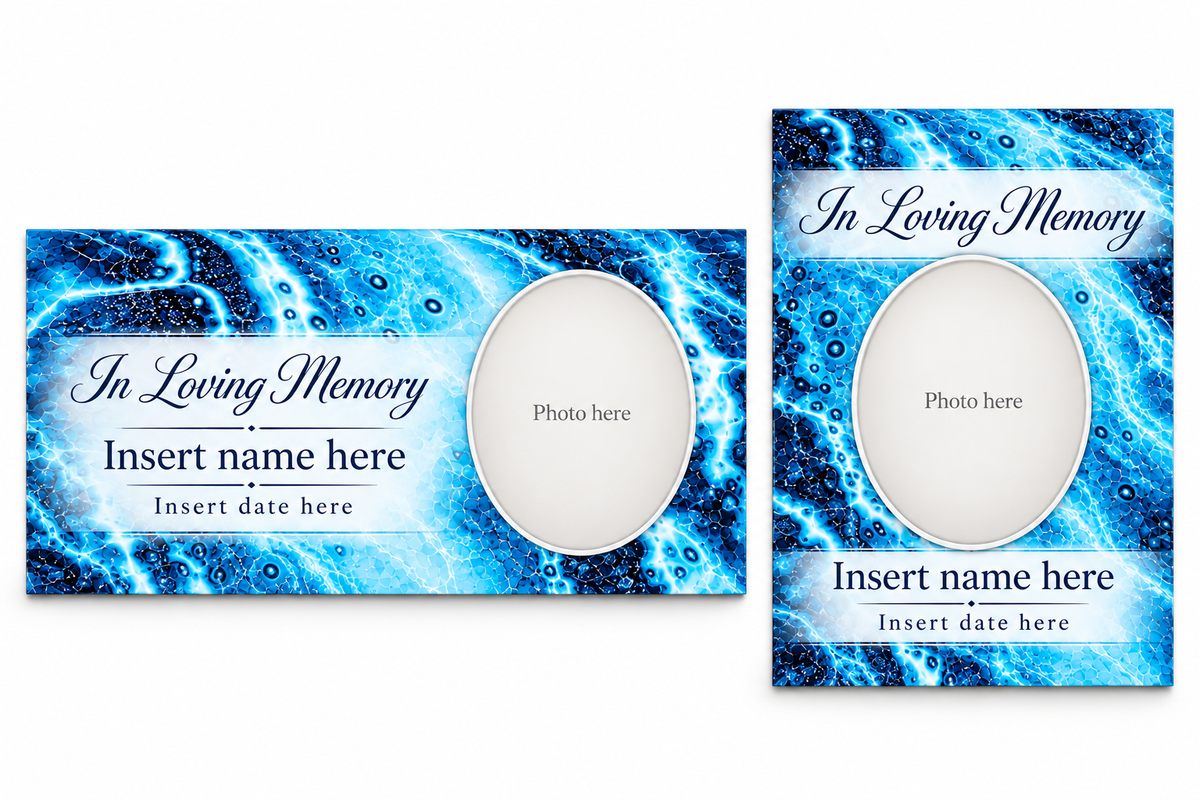 Blue Abstract matching lid panel and portrait board template previews with placeholder photo, name, and dates.