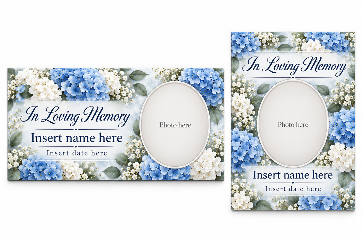 Blue Hydrangea matching lid panel and portrait board template previews with placeholder photo, name, and dates.