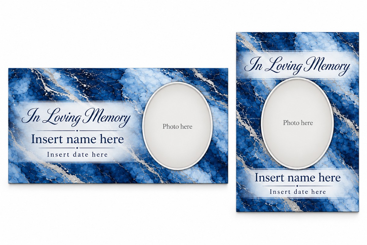 Blue Marble matching lid panel and portrait board template previews with placeholder photo, name, and dates.
