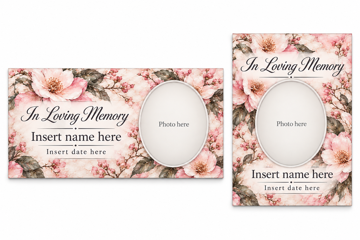 Blush Botanical matching lid panel and portrait board template previews with placeholder photo, name, and dates.