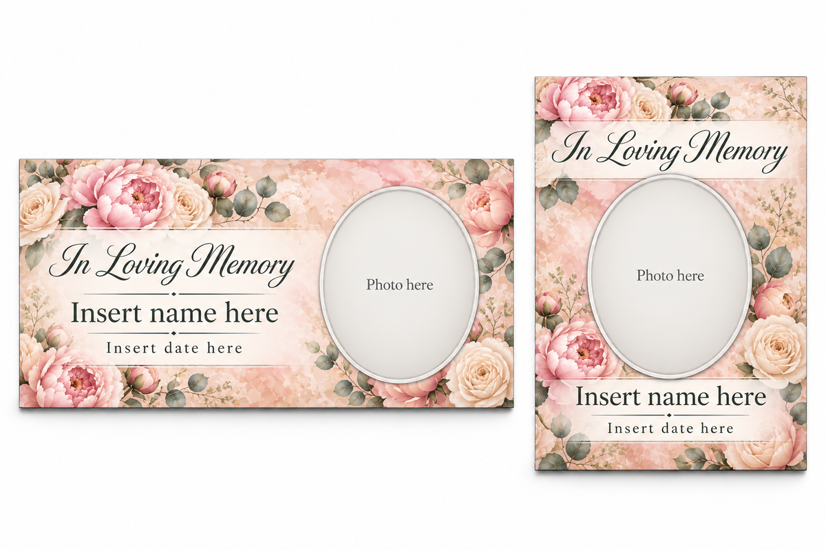 Blush Rose Noir matching lid panel and portrait board template previews with placeholder photo, name, and dates.