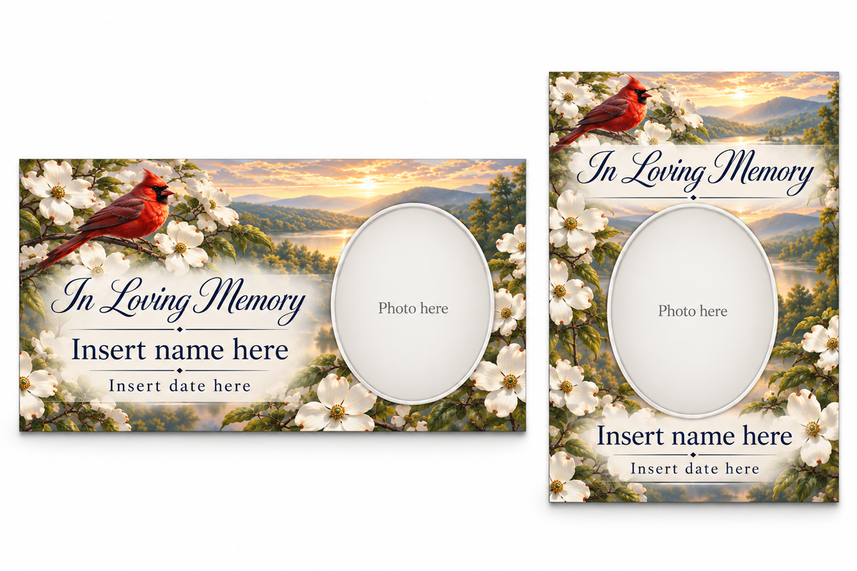 Cardinal Dogwood matching lid panel and portrait board template previews with placeholder photo, name, and dates.