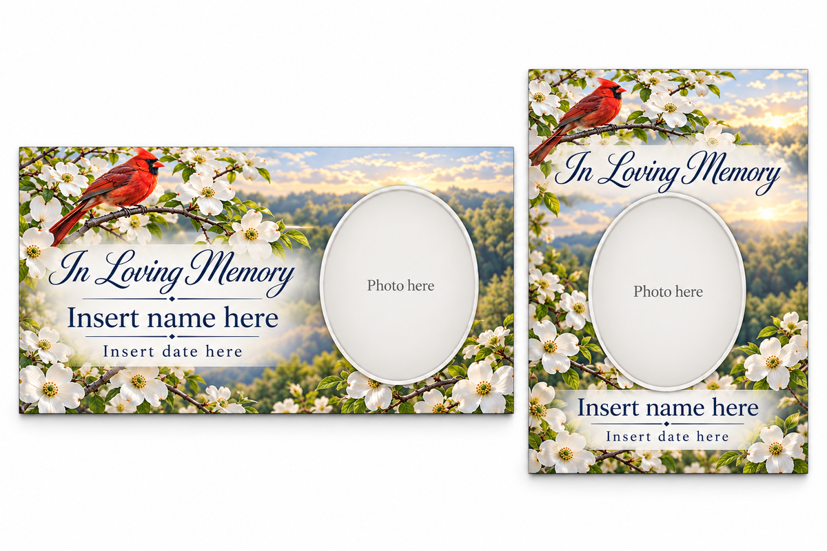 Cardinal Garden matching lid panel and portrait board template previews with placeholder photo, name, and dates.