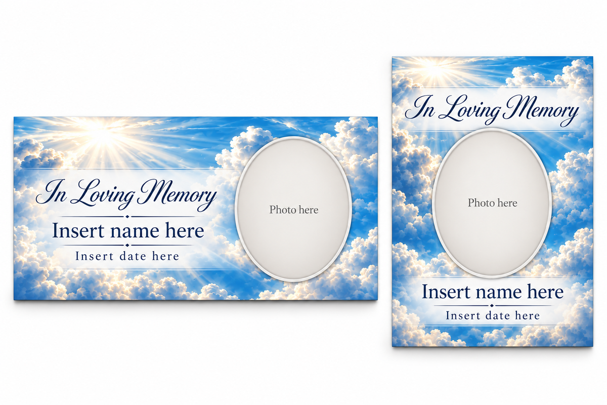 Celestial Clouds matching lid panel and portrait board with photo, name, and date placeholders.
