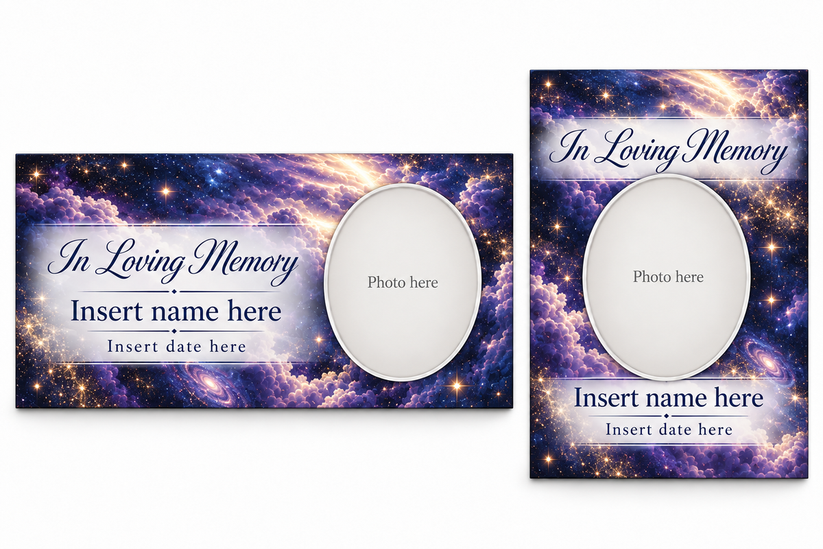 Celestial Galaxy matching lid panel and portrait board with photo, name, and date placeholders.