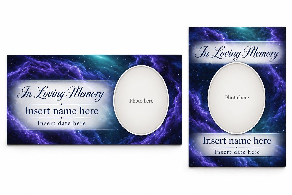 Celestial Nebula matching lid panel and portrait board with photo, name, and date placeholders.
