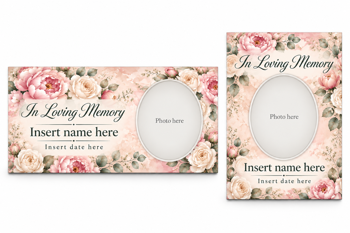 Champagne Blush Floral matching lid panel and portrait board with photo, name, and date placeholders.