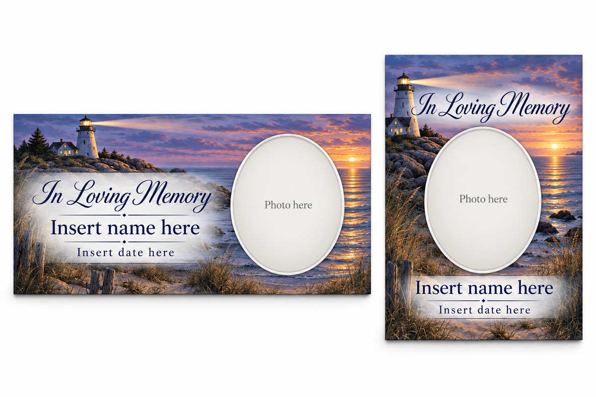 Coastal Lighthouse Home matching lid panel and portrait board with photo, name, and date placeholders.
