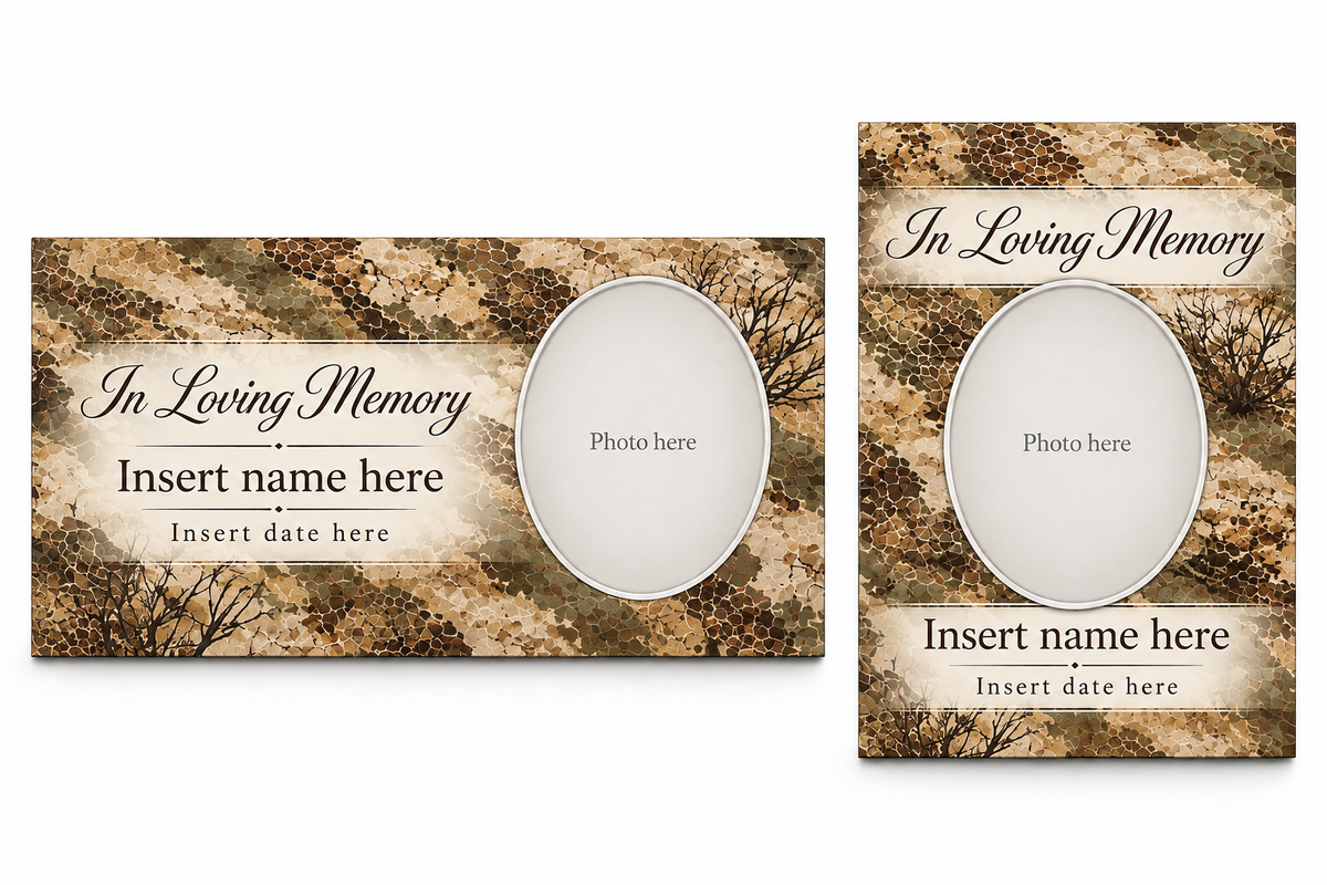 Desert Camouflage matching lid panel and portrait board with photo, name, and date placeholders.