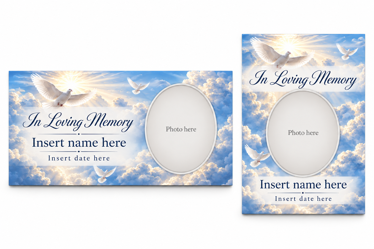Dove in the Clouds matching lid panel and portrait board with photo, name, and date placeholders.