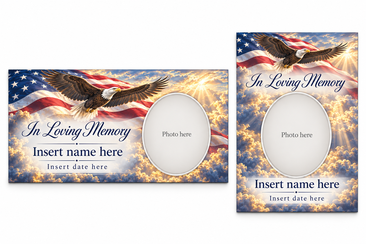 Eagle Banner Honor matching lid panel and portrait board with photo, name, and date placeholders.