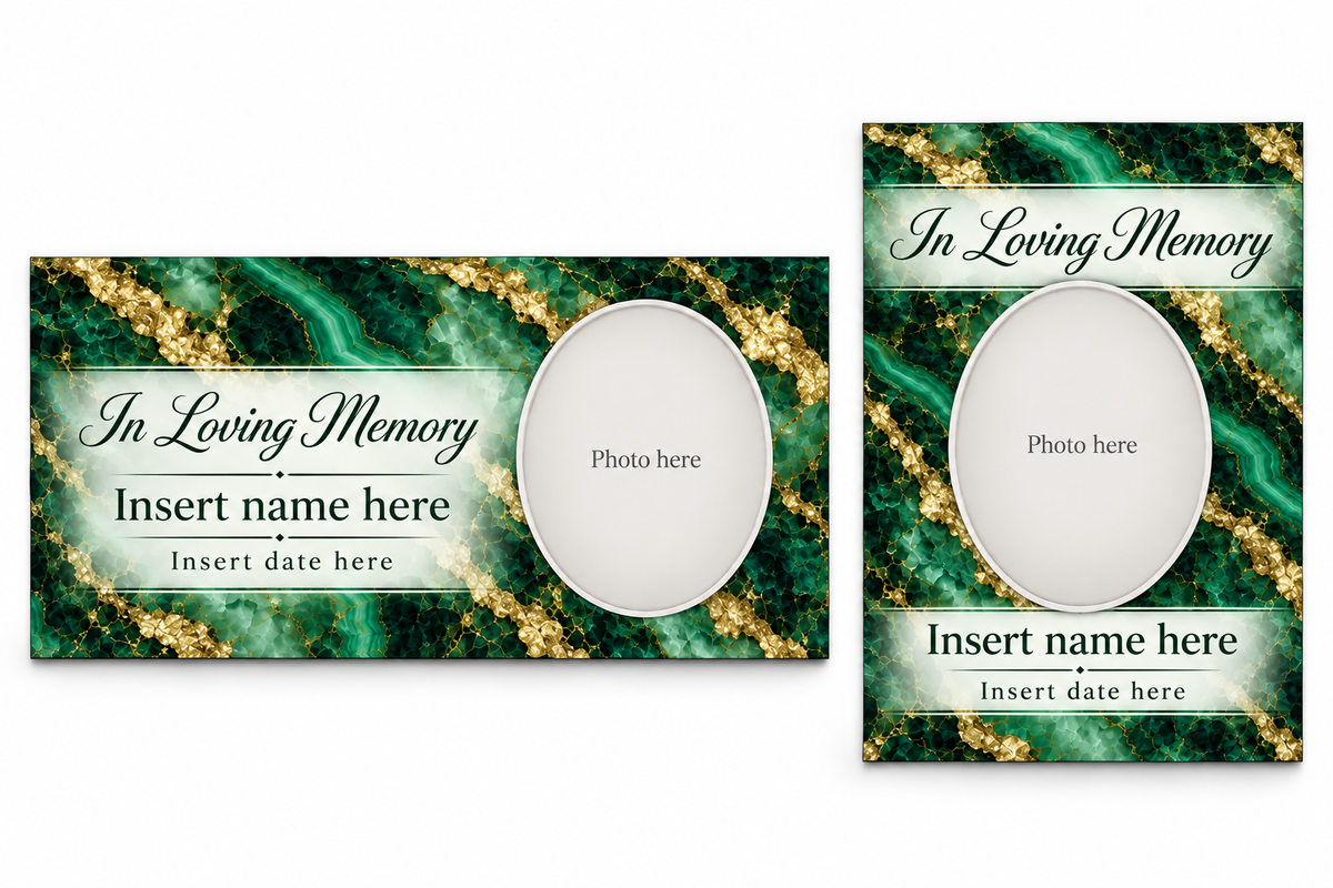 Emerald Agate matching lid panel and portrait board with photo, name, and date placeholders.