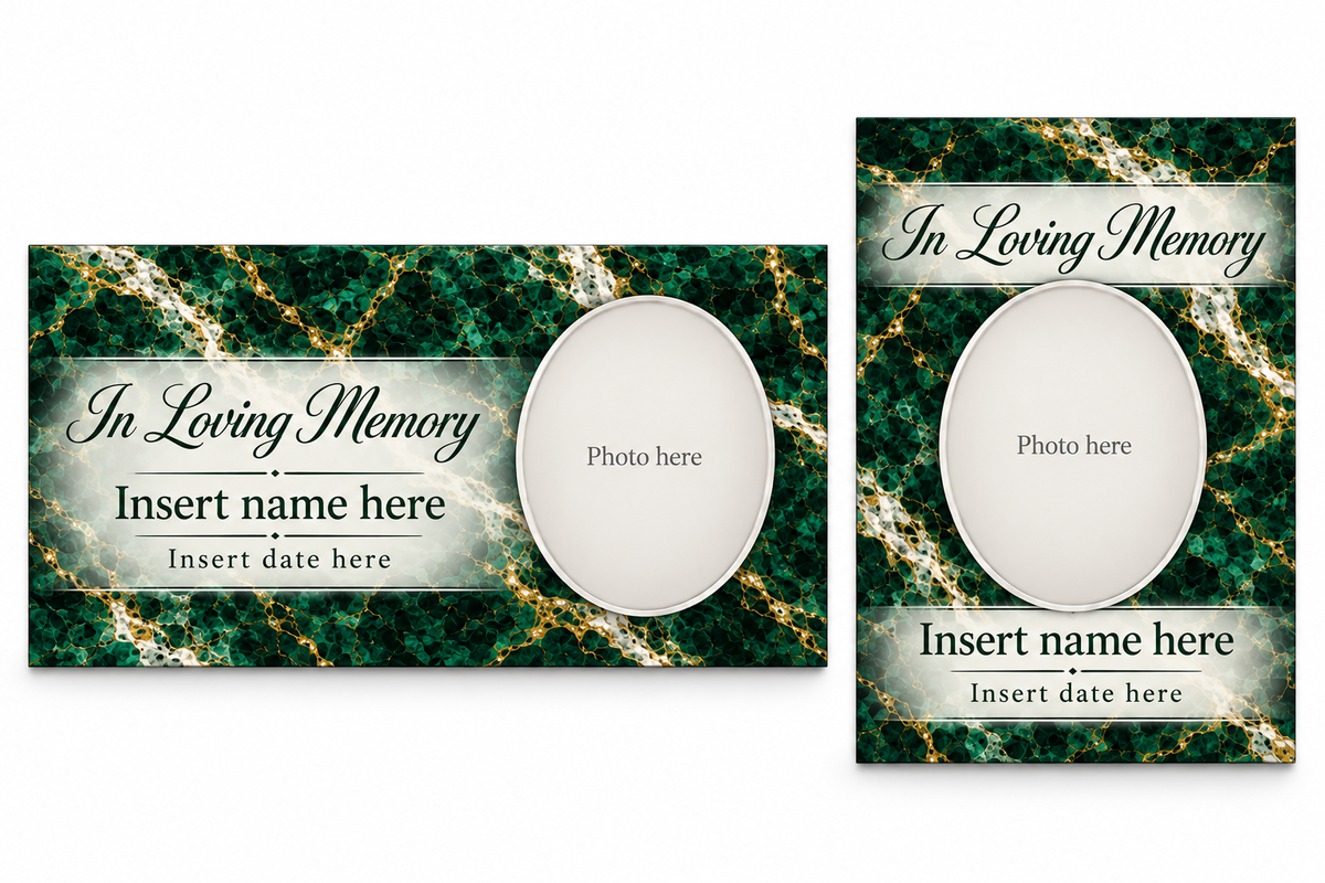 Emerald Marble matching lid panel and portrait board with photo, name, and date placeholders.