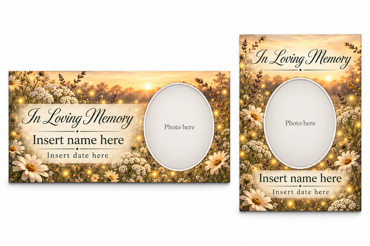 Firefly Meadow matching lid panel and portrait board with photo, name, and date placeholders.