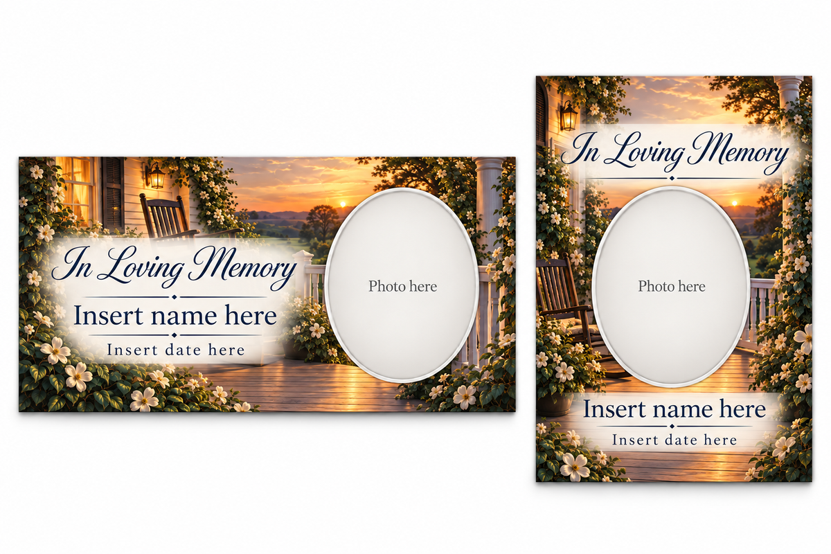 Front Porch Memories matching lid panel and portrait board with photo, name, and date placeholders.