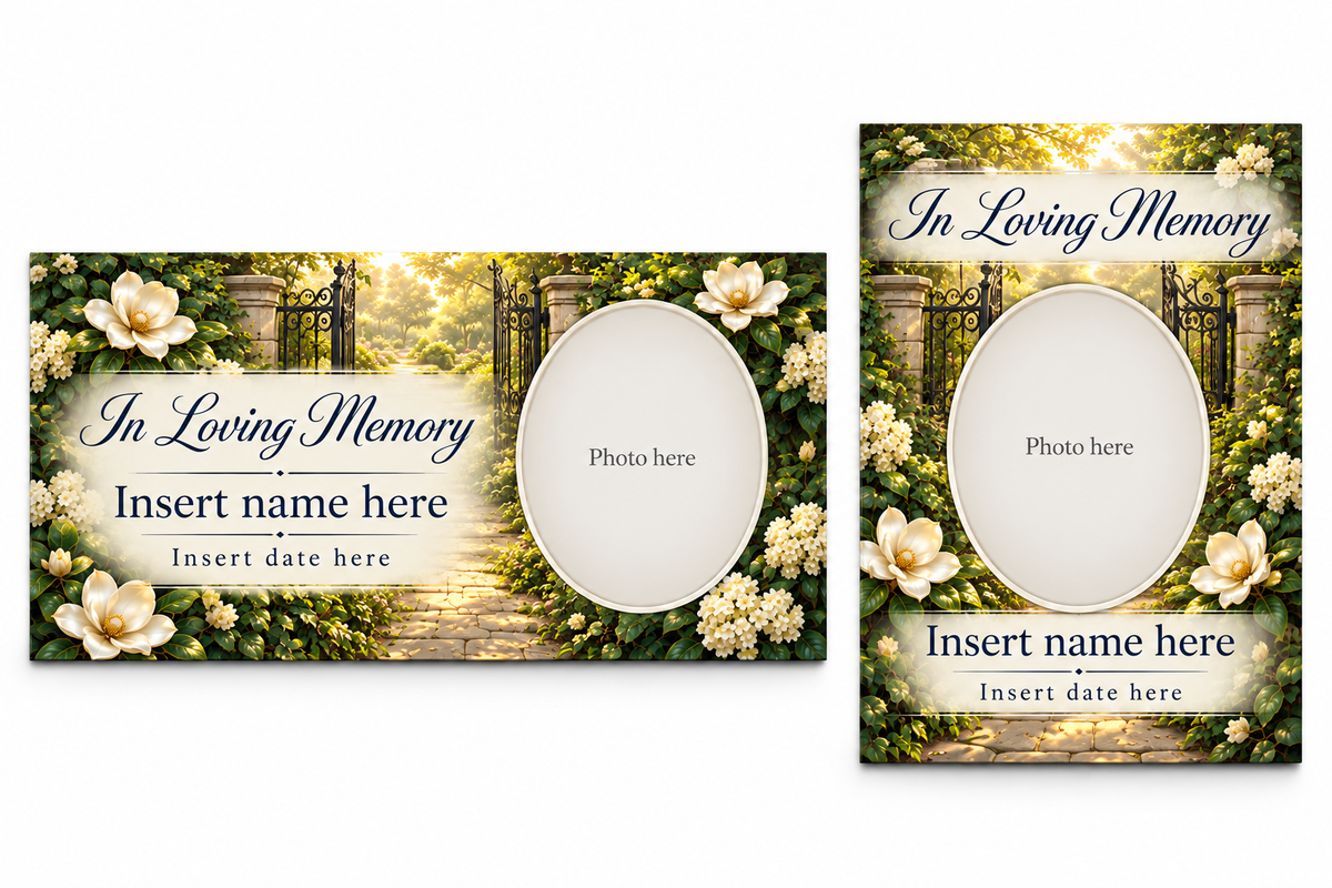 Garden Gate Homecoming matching lid panel and portrait board with photo, name, and date placeholders.