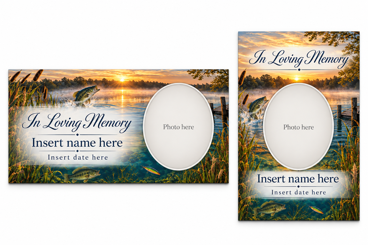 Golden Lake Fishing matching lid panel and portrait board with photo, name, and date placeholders.
