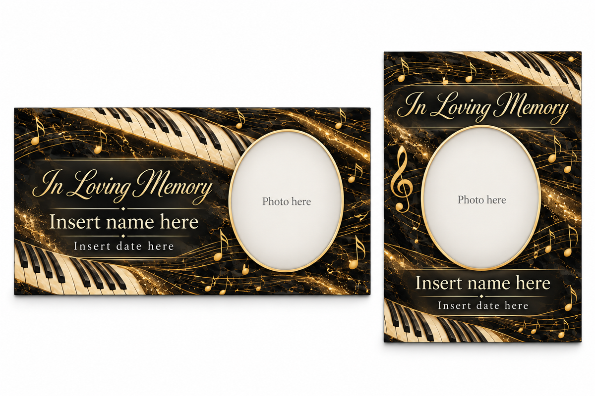 Golden Music matching lid panel and portrait board with photo, name, and date placeholders.
