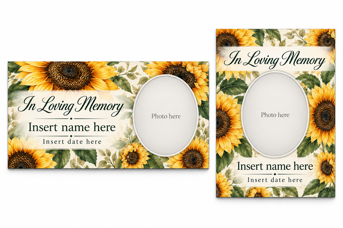 Golden Sunflower matching lid panel and portrait board with photo, name, and date placeholders.