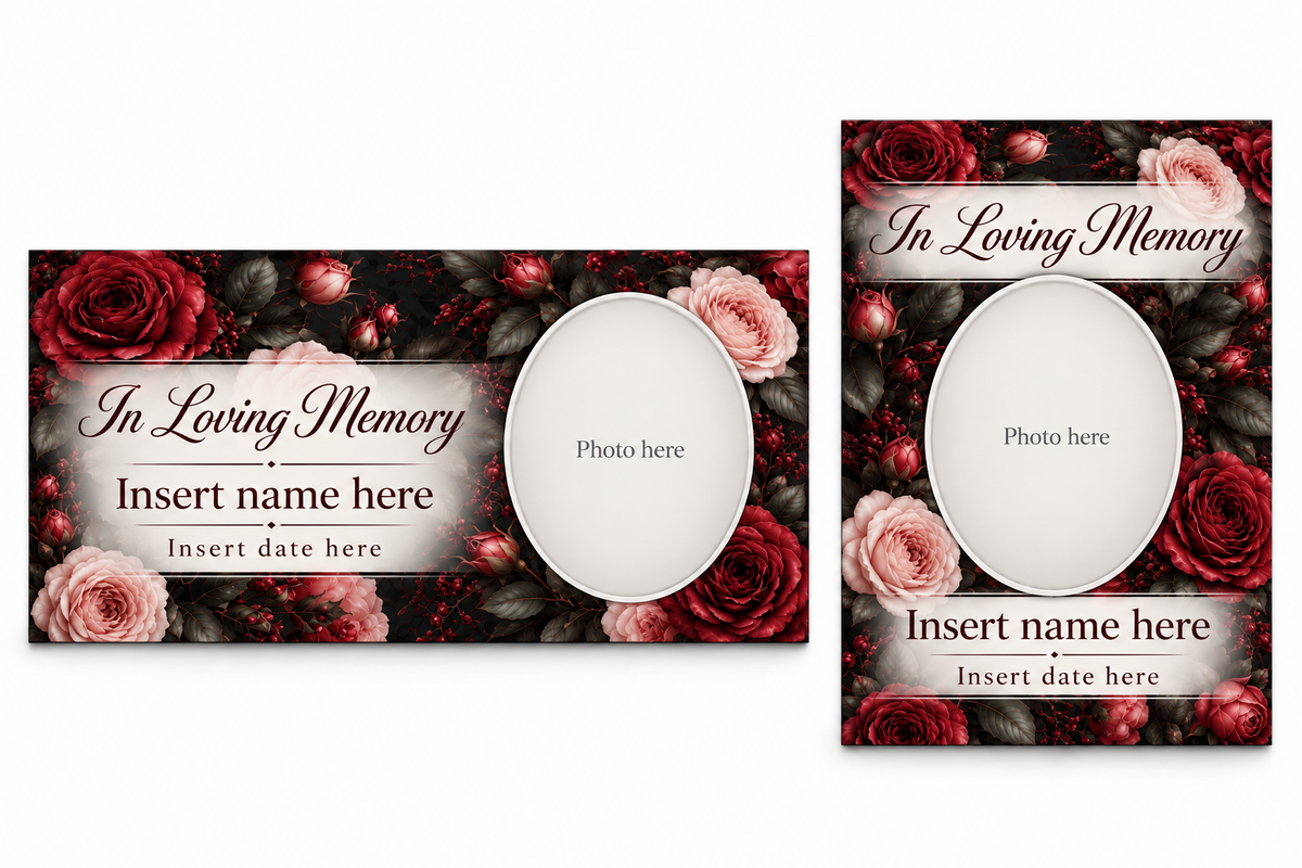 Gothic Rose matching lid panel and portrait board with photo, name, and date placeholders.