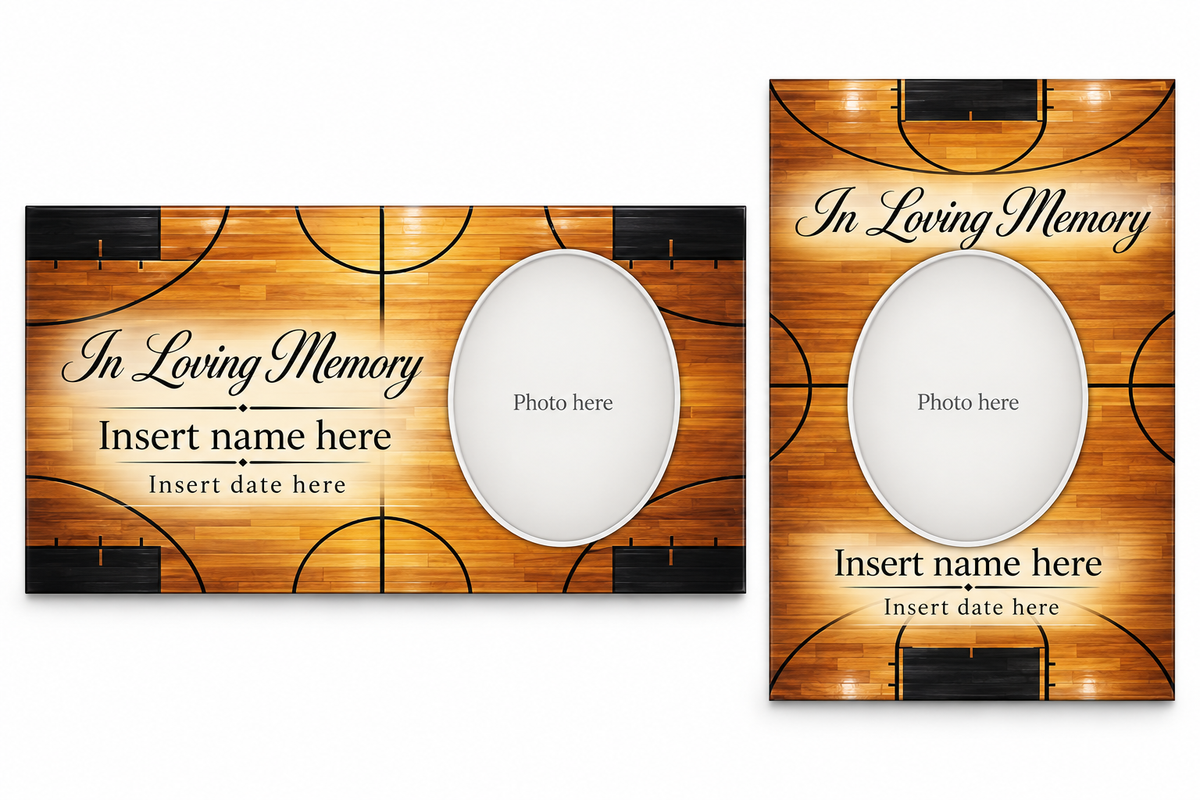 Hardwood Arena matching lid panel and portrait board with photo, name, and date placeholders.