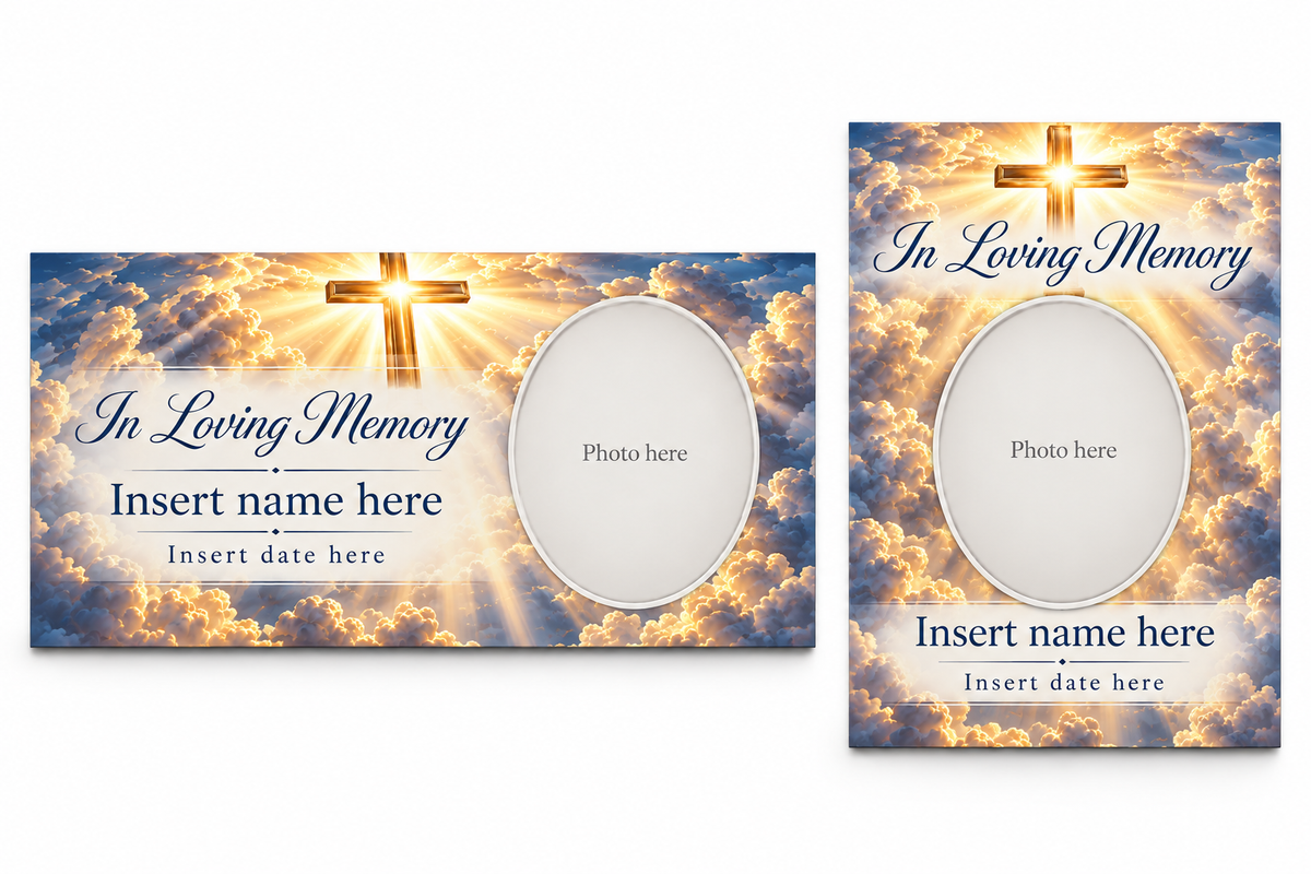 Heaven's Light Cross matching lid panel and portrait board with photo, name, and date placeholders.