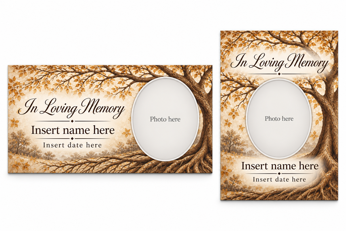 Heirloom Family Tree matching lid panel and portrait board with photo, name, and date placeholders.