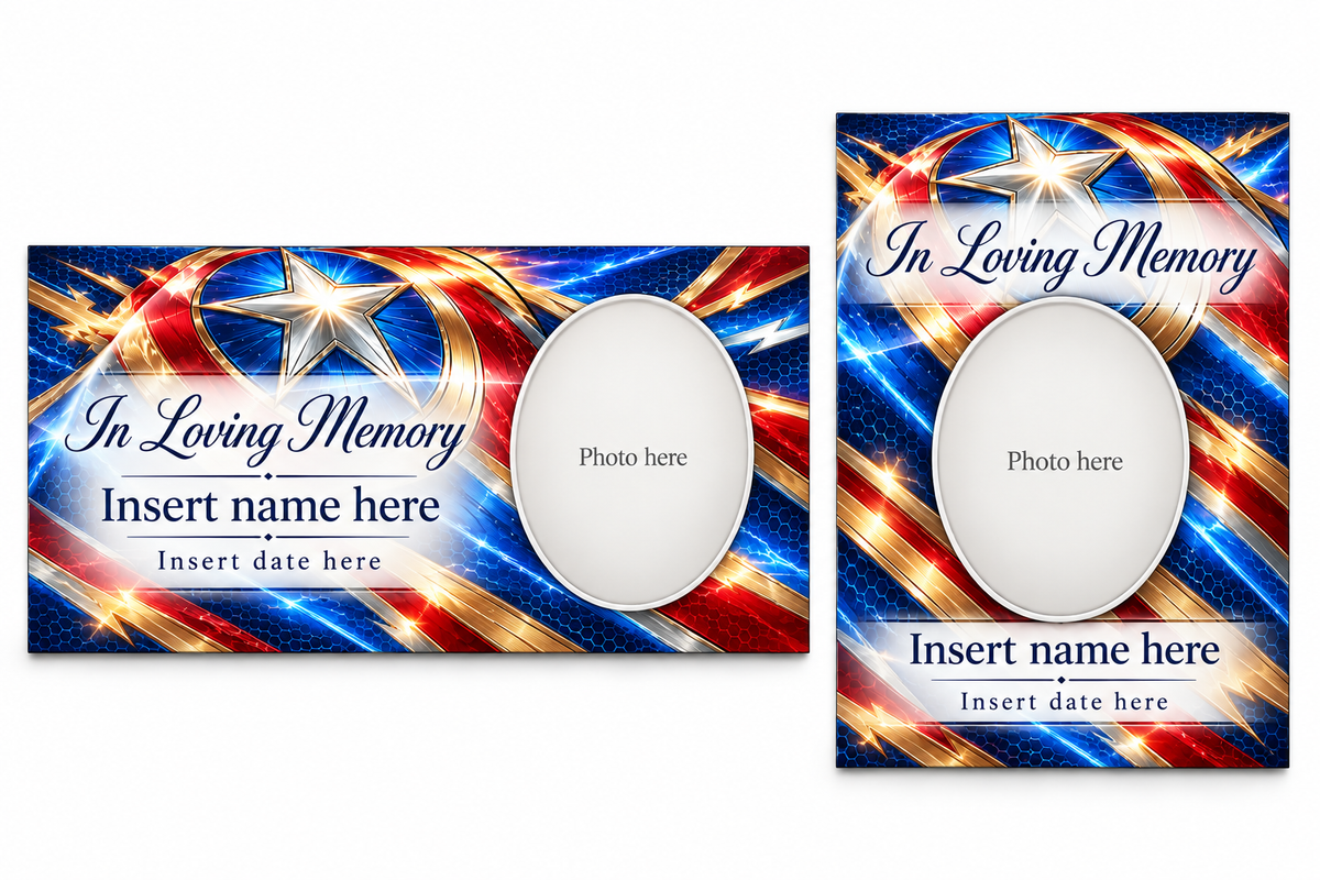 Heroic Starburst matching lid panel and portrait board with photo, name, and date placeholders.