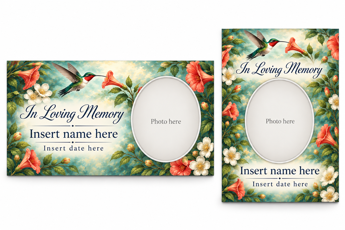 Hummingbird Promise matching lid panel and portrait board with photo, name, and date placeholders.