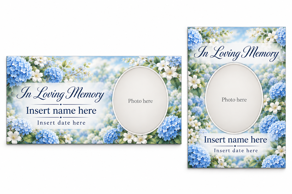 Hydrangea Garden matching lid panel and portrait board with photo, name, and date placeholders.