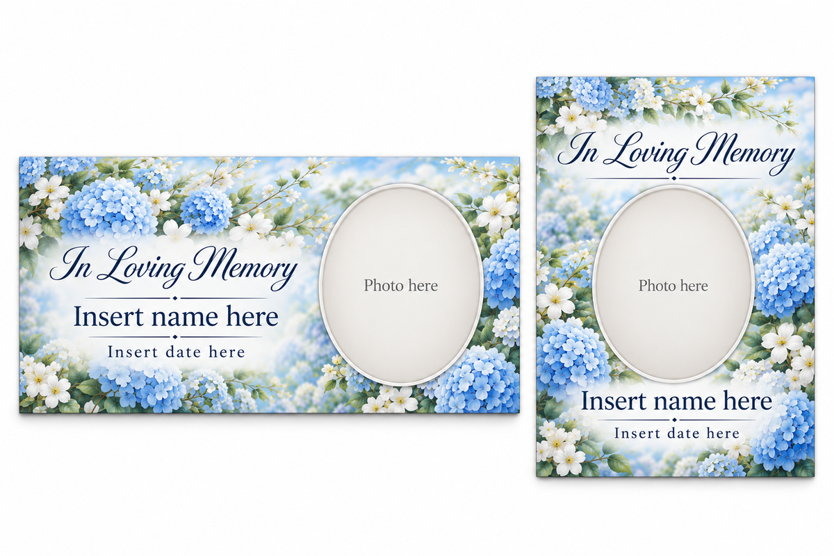 Hydrangea Pearl matching lid panel and portrait board with photo, name, and date placeholders.