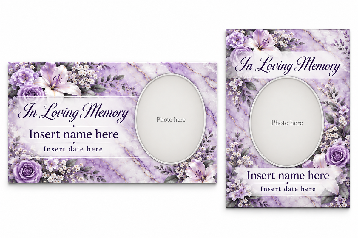 Lavender Floral Marble matching lid panel and portrait board with photo, name, and date placeholders.
