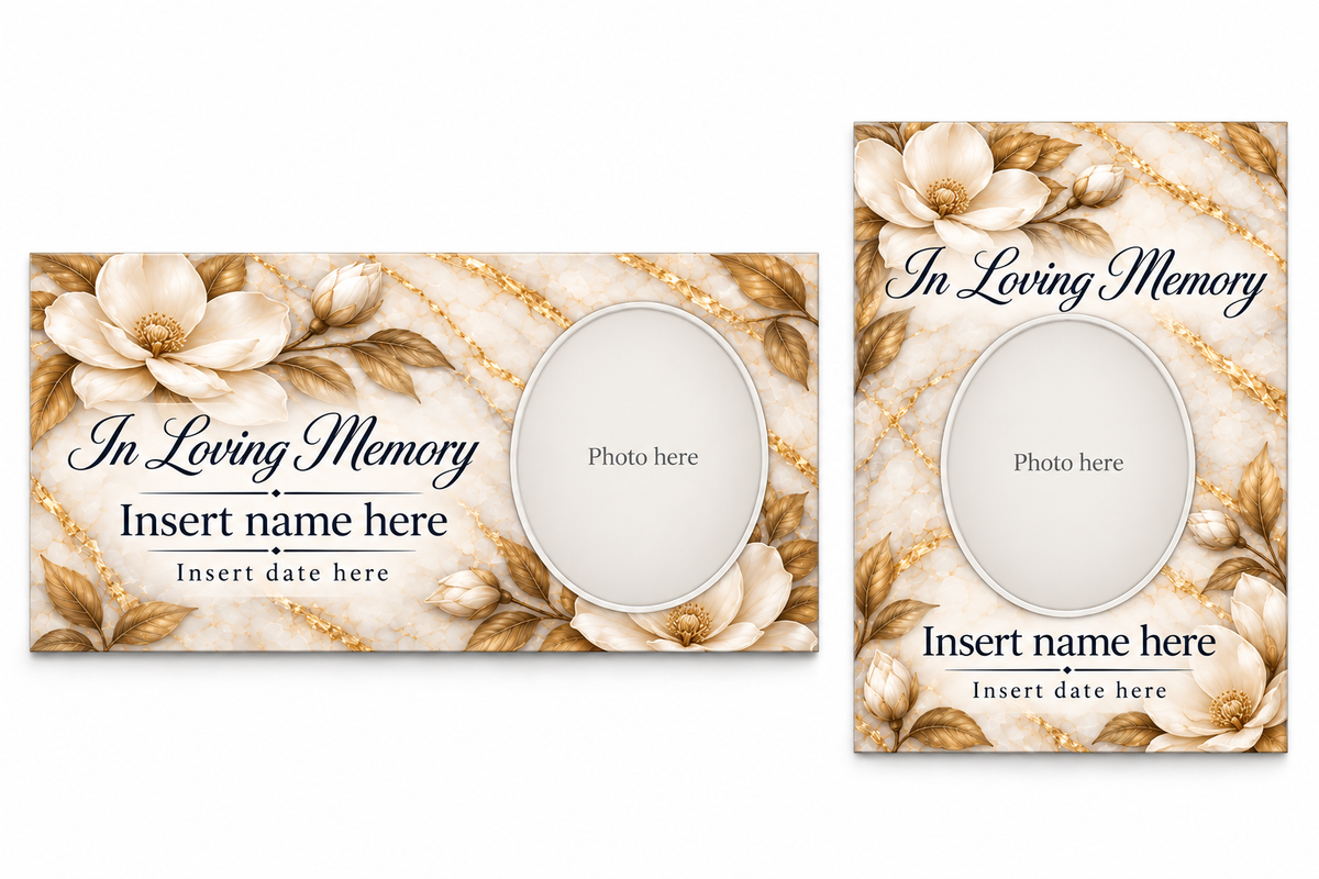 Magnolia Marble matching lid panel and portrait board with photo, name, and date placeholders.