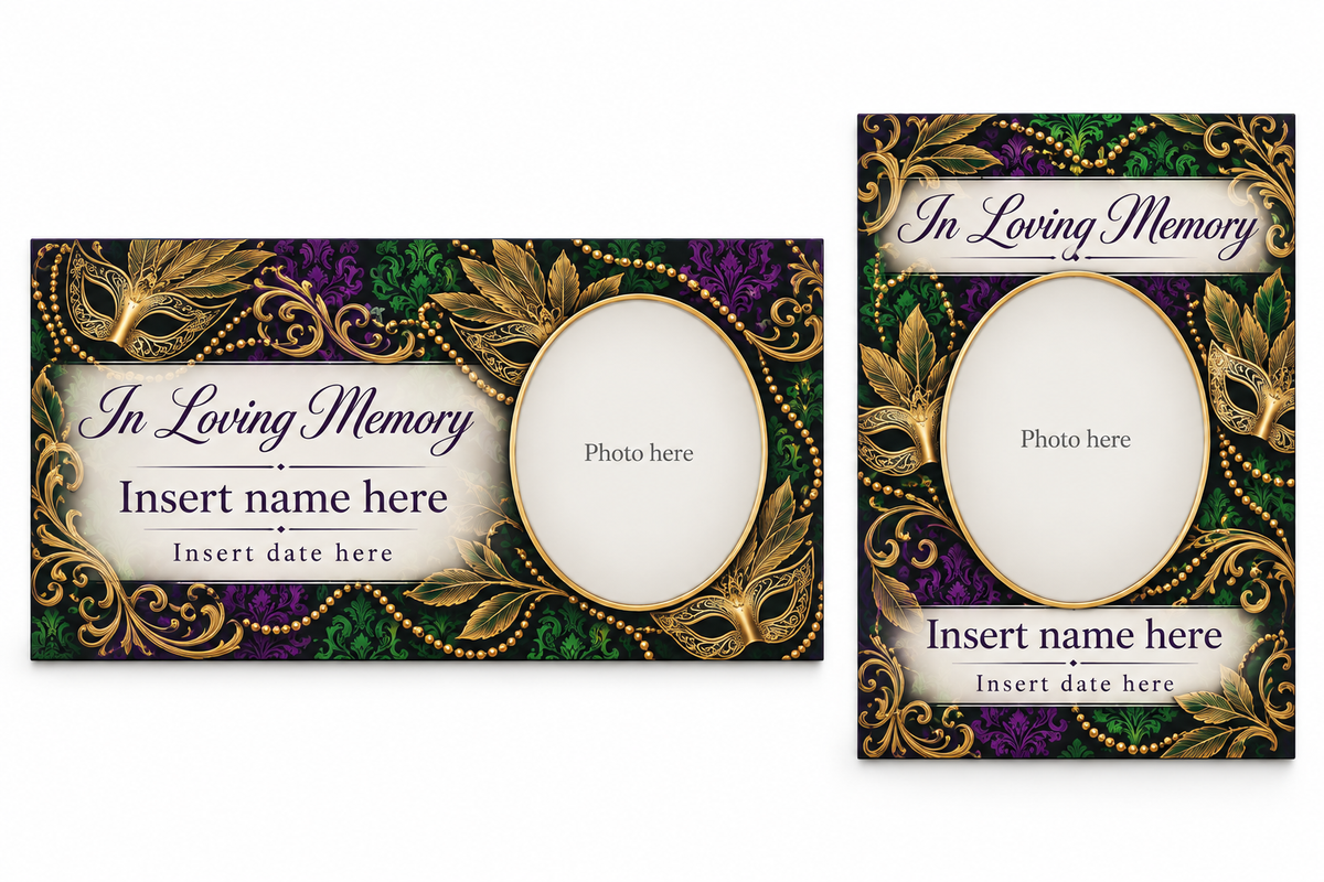 Mardi Gras Masquerade matching lid panel and portrait board with photo, name, and date placeholders.
