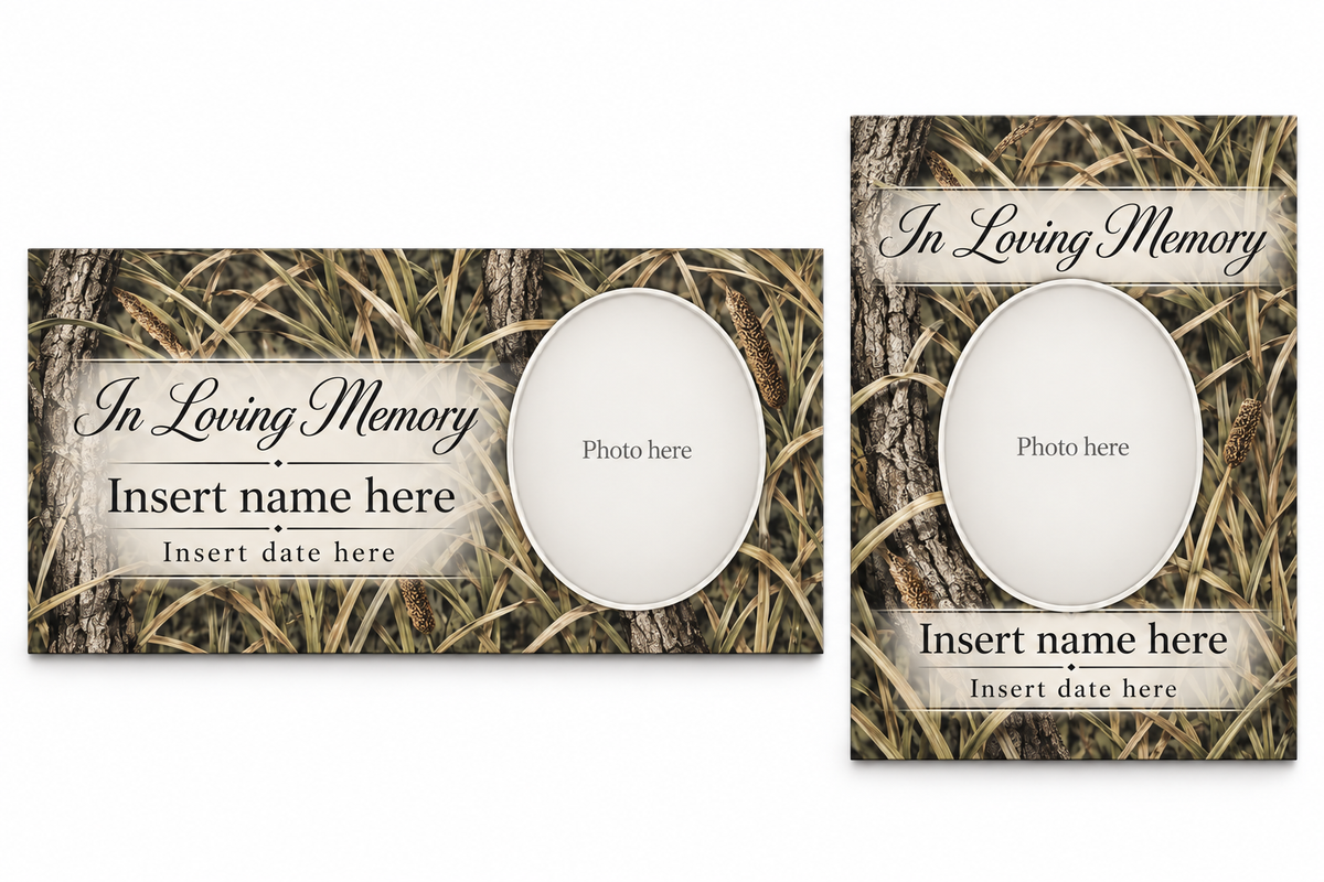Marshland Camouflage matching lid panel and portrait board with photo, name, and date placeholders.