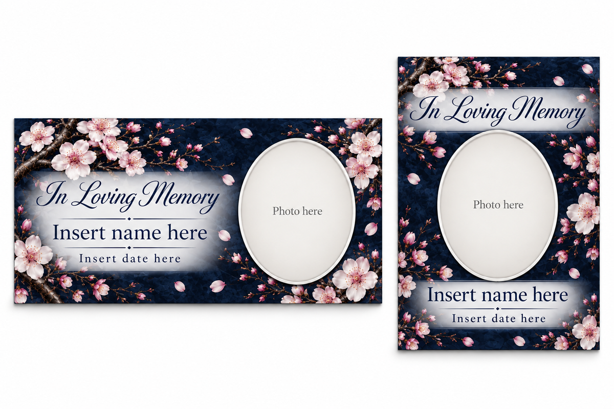 Midnight Cherry Blossom matching lid panel and portrait board with photo, name, and date placeholders.