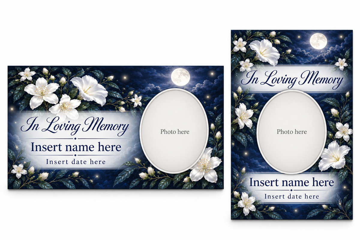 Moonlit Jasmine matching lid panel and portrait board with photo, name, and date placeholders.
