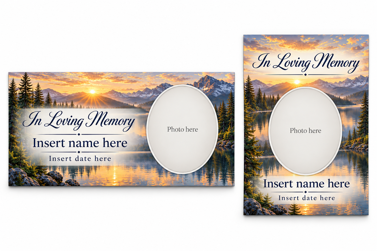 Mountain Lake Sunrise matching lid panel and portrait board with photo, name, and date placeholders.