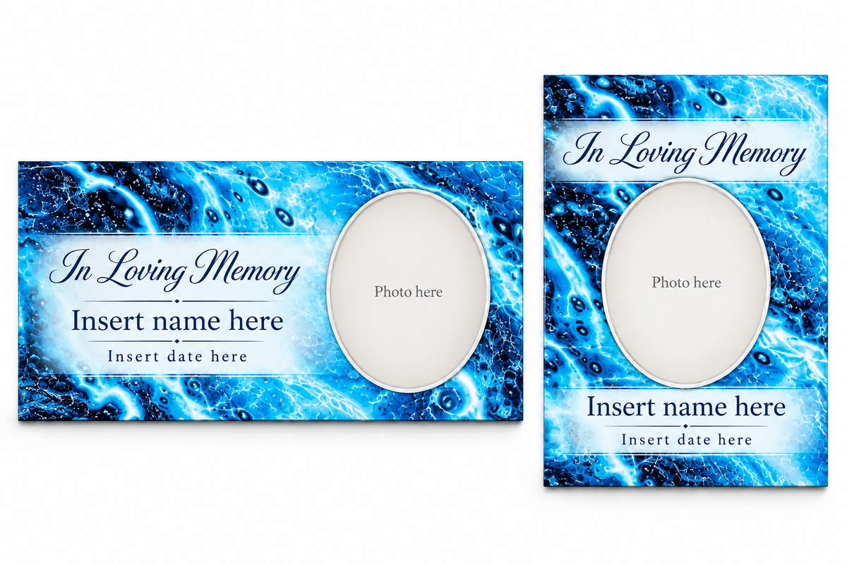 Ocean Marble matching lid panel and portrait board with photo, name, and date placeholders.