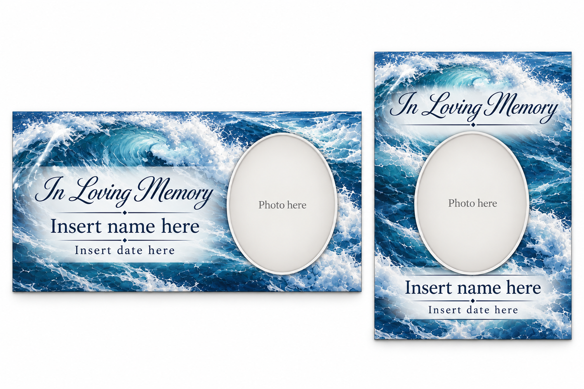 Ocean Wave matching lid panel and portrait board with photo, name, and date placeholders.