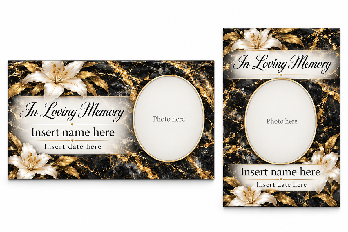 Onyx Lily matching lid panel and portrait board with photo, name, and date placeholders.