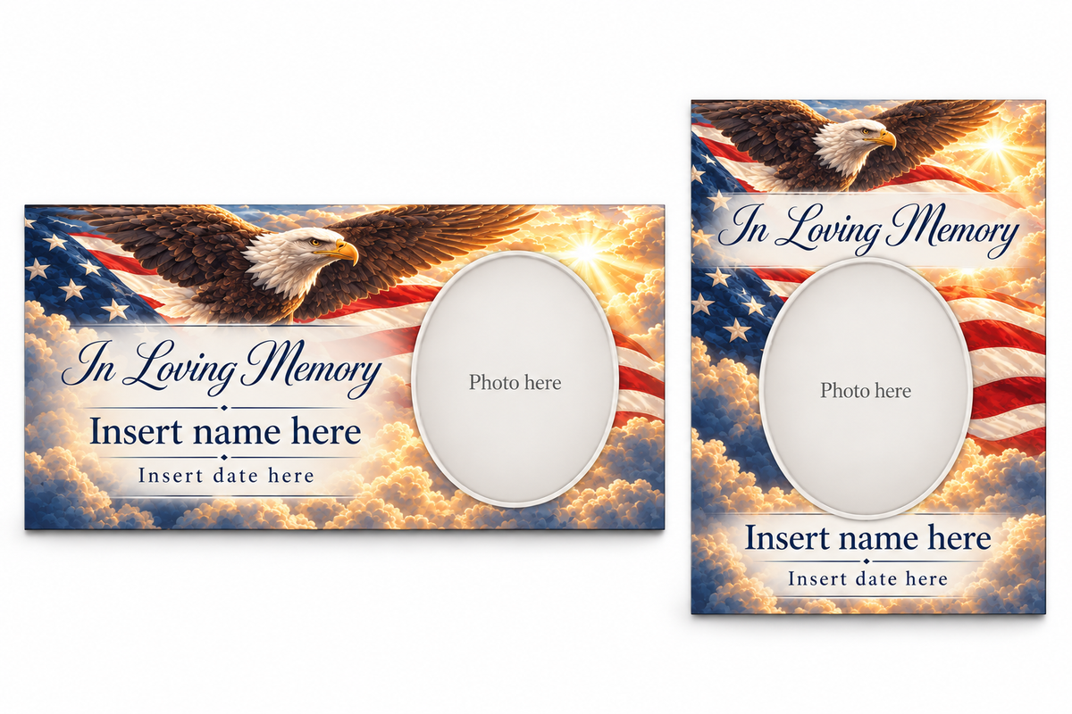 Patriotic Eagle matching lid panel and portrait board with photo, name, and date placeholders.