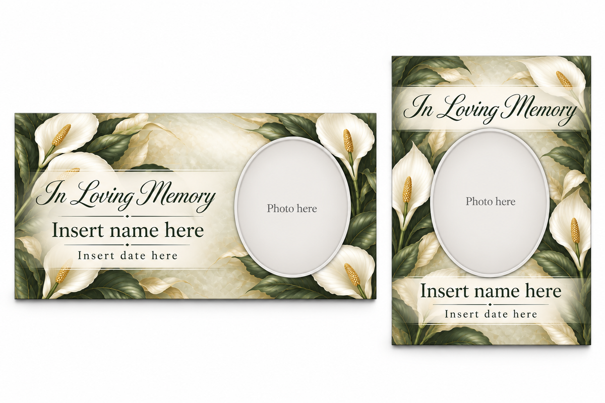 Peace Lily Serenity matching lid panel and portrait board with photo, name, and date placeholders.