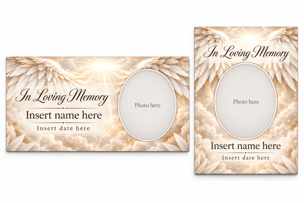 Pearl Angel Wings matching lid panel and portrait board with photo, name, and date placeholders.