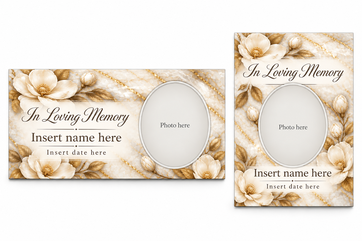 Pearl Magnolia matching lid panel and portrait board with photo, name, and date placeholders.