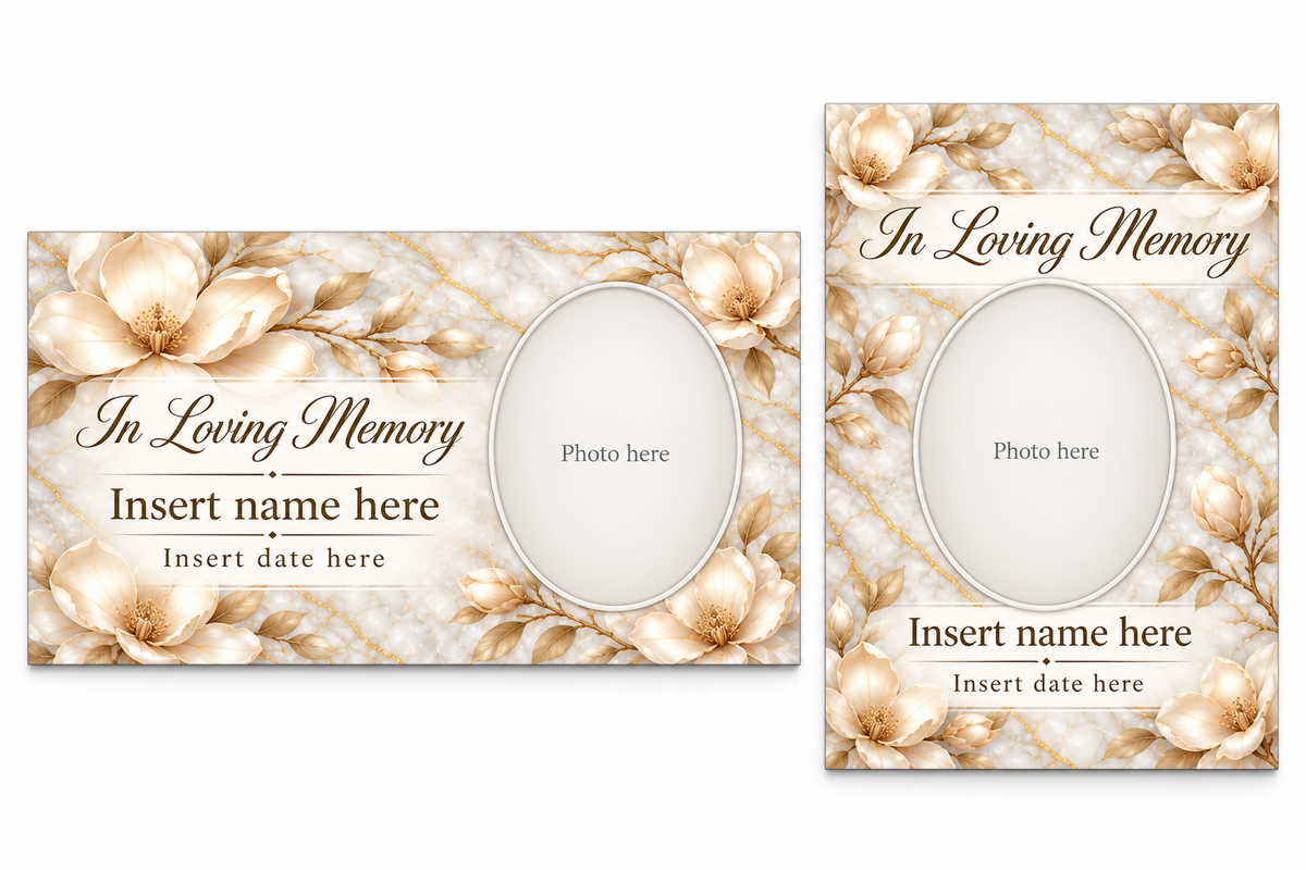 Pearl Magnolia Gold matching lid panel and portrait board with photo, name, and date placeholders.