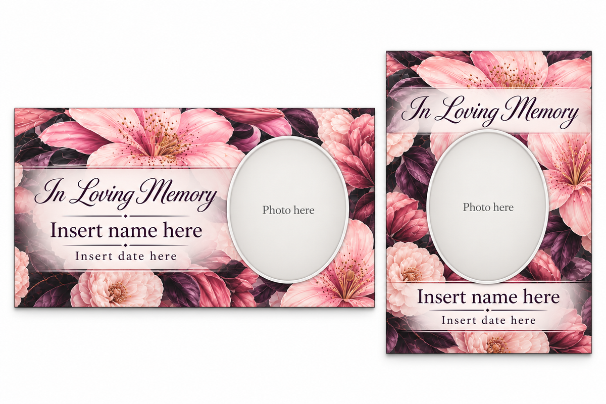 Pink Floral Garden matching lid panel and portrait board with photo, name, and date placeholders.
